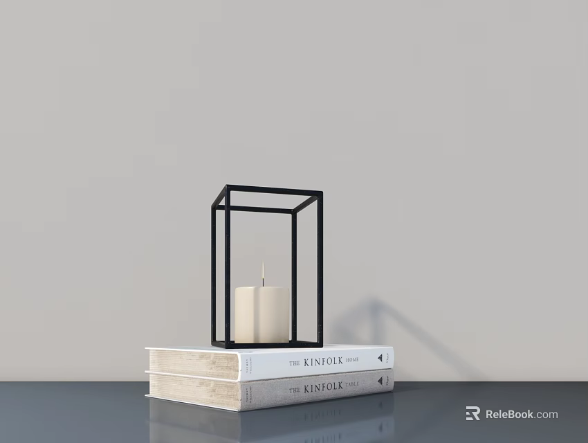 Decorative Ornament Set With Black Metal Frame White Candle And Stacked Books 3d model 
