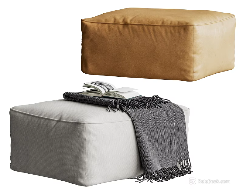 Light Brown And Light Gray Square Upholstered Stools With Blanket And Books 3d model