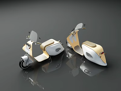 Two Modern Gold And White Scooters Design With Reflective Surface On Gray Background 3d model