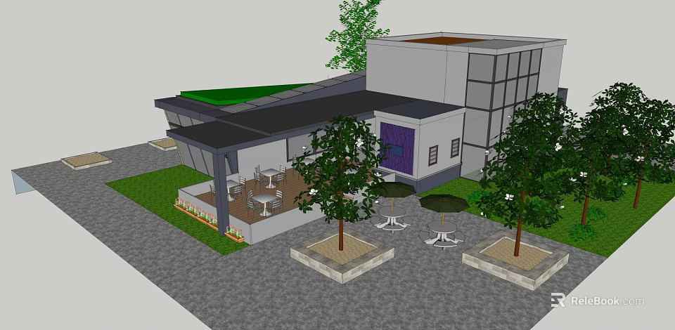 Modern Building Design Featuring Green Roof Outdoor Terrace Tables Chairs And Trees 3d model 