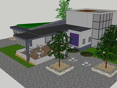 Modern Building Design Featuring Green Roof Outdoor Terrace Tables Chairs And Trees 3d model