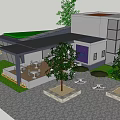 Modern Building Design Featuring Green Roof Outdoor Terrace Tables Chairs And Trees