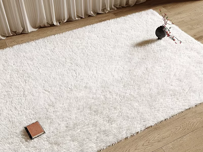White Soft Plush Square Rug Placed On Indoor Wooden Floor With Book And Vase 3d model