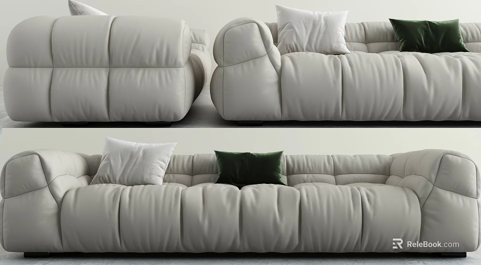 Stylish Beige Leather Sectional Sofa With Tufted Design White And Dark Green Throw Pillows 3d model 