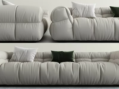 Stylish Beige Leather Sectional Sofa With Tufted Design White And Dark Green Throw Pillows 3d model