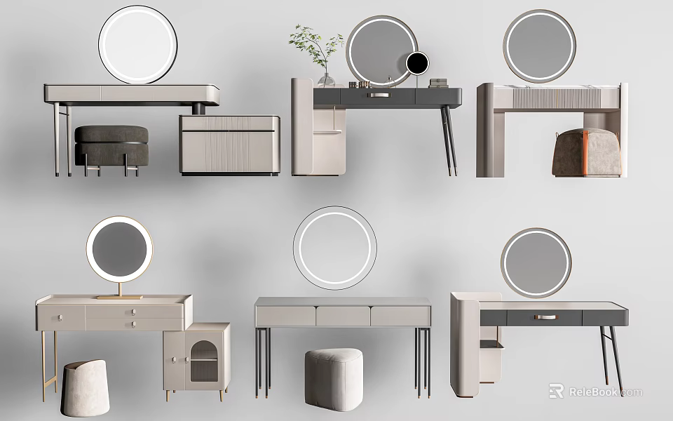 Modern Dressing Table Designs With Round Mirrors Stools Drawers And Cabinets 3d model 