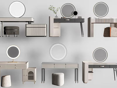 Modern Dressing Table Designs With Round Mirrors Stools Drawers And Cabinets 3d model
