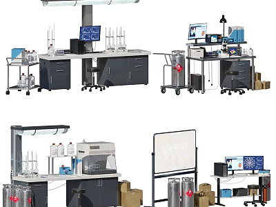 Efficient Functional Workbench With Lab Equipment Storage Cabinets And Monitor Shelves 3d model