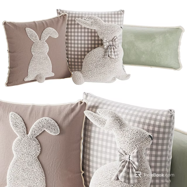 Cute Rabbit Pattern Decorative Pillows With Checkered Design And Soft Green Accents 3d model 