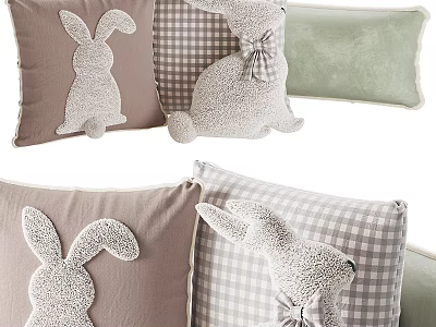 Cute Rabbit Pattern Decorative Pillows With Checkered Design And Soft Green Accents 3d model