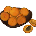 Fresh Ripe Apricots In Wooden Bowl With Whole And Halved Fruits
