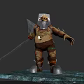 Fantasy Monster Character With Skull Helmet Axe Tattered Armor Bulky Body And Tattoos