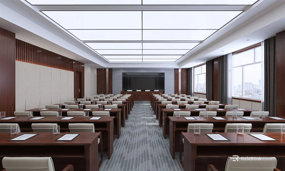 Spacious Conference Room Interior With Neatly Arranged Tables Chairs Front Large Screen And Windows 3d model 