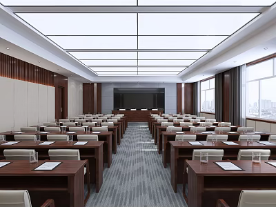 Spacious Conference Room Interior With Neatly Arranged Tables Chairs Front Large Screen And Windows 3d model