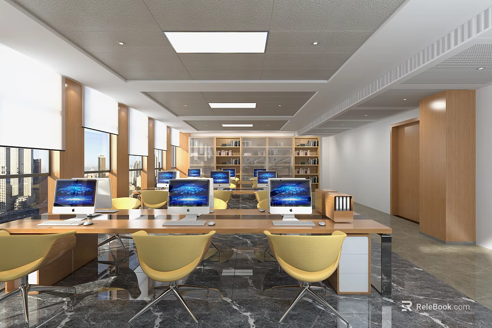 Modern Public Office Interior With Computers On Long Desks And Yellow Chairs 3d model