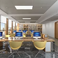 Modern Public Office Interior With Computers On Long Desks And Yellow Chairs 3d model