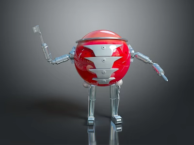 Game Movie Character Red Spherical Metallic Robot With Mechanical Arms And Silver Legs 3d model