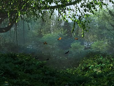 Lush Forest Scenery With Green Leaves Vines Butterflies And Misty Atmosphere 3d model