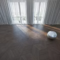 Dark Herringbone Wood Flooring In Bright Interior Space With Light Tiled Floor And Large Windows