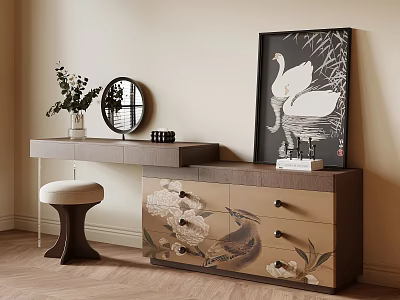 Elegant Dressing Table with Floral Patterned Drawers Round Mirror and Swan Painting 3d model