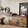 Elegant Dressing Table with Floral Patterned Drawers Round Mirror and Swan Painting