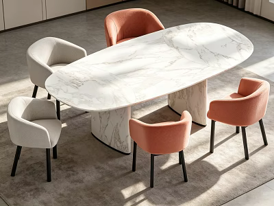 Modern Dining Table Set with Oval White Marble Top and Light Gray Orange Chairs 3d model