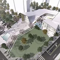 Modern Sales Office Building Featuring Glass Walls Sloped Roof Landscaped Grounds And People Walking