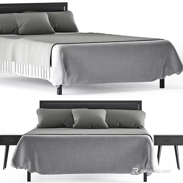 Elegant Modern Double Bed Design With Gray Bedding Headboard And Nightstands 3d model
