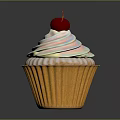 Homemade Sweet Cupcake With White Swirl Frosting And Red Cherry On Yellow Paper Cup