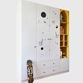 White Wardrobe With Space Themed Decals And Yellow Shelves With Astronaut Decor