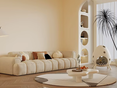 Modern Living Room Beige Multi Seater Sofa with Throw Pillows Round Rug and Coffee Table 3d model