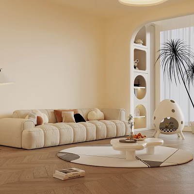 Modern Living Room Beige Multi Seater Sofa with Throw Pillows Round Rug and Coffee Table 3d model