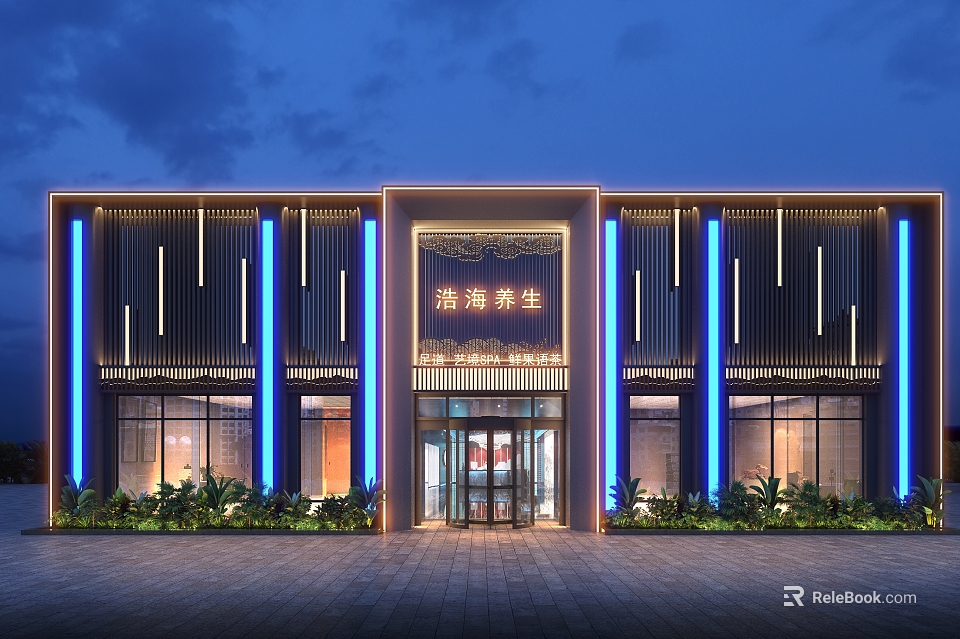 Modern Storefront Facade Design Featuring Blue Lighting Glass Doors And Metal Strips Entrance 3d model 