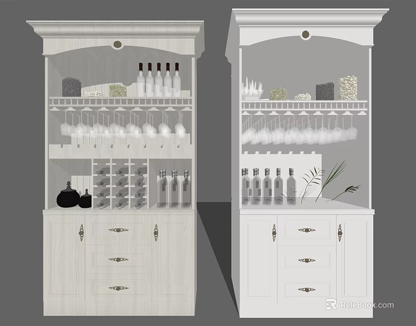 White Modern Wine Cabinet With Glass Doors Wine Bottles And Wine Glasses For Home Interior 3d model 