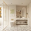 Modern White Tile Bathroom Interior With Glass Shower Toilet Mirror And Decorative Shelves