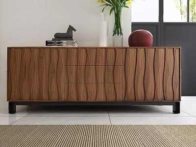 Wooden TV Stand with Wavy Pattern Drawers and Decorative Vase Red Ball Horse and Books 3d model