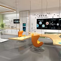 Modern Open Lounge Interior With Glass Partition Staircase Large Windows And Colorful Seating