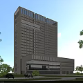 Modern Tall Office Building With Glass Facade Greenery Lawn Trees And Parking Area