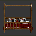Wooden Four Poster Bed With Red Plaid Bedspread Black White Checkered Pillows And String Lights