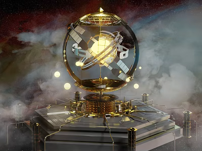 Golden Spherical Sculpture with Intricate Mechanical Gears Starry Background Smoke and Metal Base 3d model