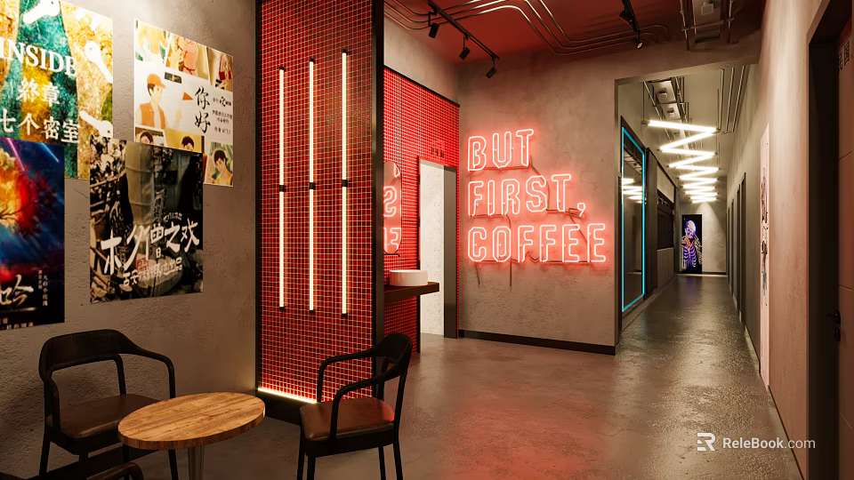 Modern Coffee Shop Interior With Neon But First Coffee Sign Red Brick Wall And Tables 3d model 
