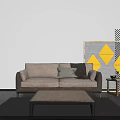 Modern Two Seater Sofa With Blinds Light Shadow Side Table And Yellow Diamond Decorative Rug