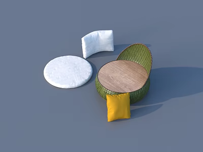 Garden Landscape With Wicker Furniture Round Cushions And Wooden Tabletop 3d model