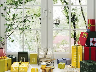 Decorative Ornament Set on Window Sill with Colorful Gift Boxes Teacups Plates and Green Plants 3d model