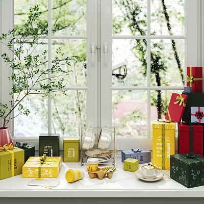 Decorative Ornament Set on Window Sill with Colorful Gift Boxes Teacups Plates and Green Plants 3d model