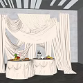 Elegant Indoor Event Setting With White Drapes Tables Fruits Wine And Skylight Shadows