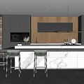 Modern Kitchen Interior With Black Cabinets Wooden Wall And Marble Island Counter