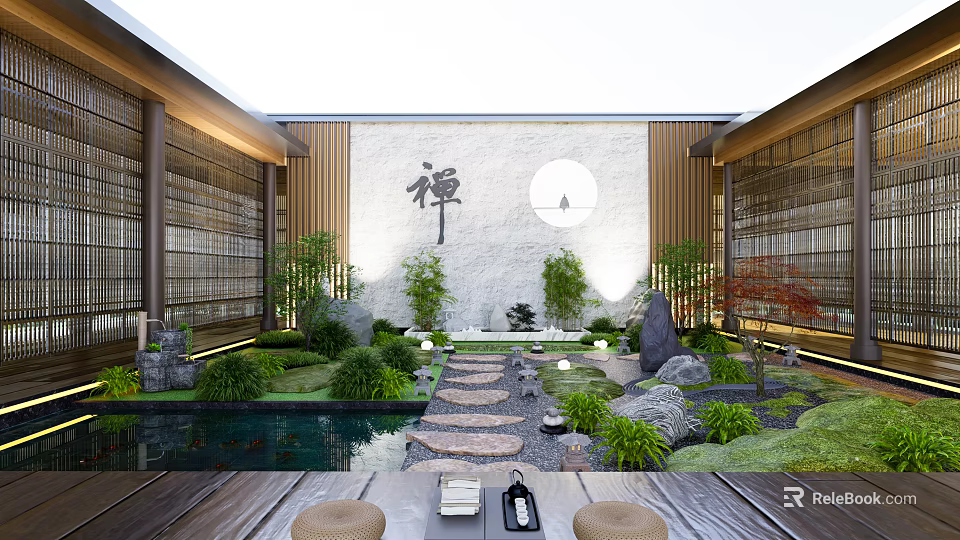 Zen Courtyard Garden With Stone Path Lush Green Plants Pond And Circular Moon Wall 3d model 