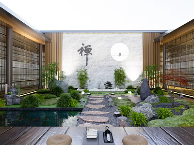 Zen Courtyard Garden With Stone Path Lush Green Plants Pond And Circular Moon Wall 3d model