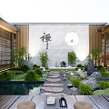Zen Courtyard Garden With Stone Path Lush Green Plants Pond And Circular Moon Wall